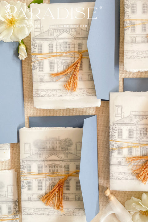 This exquisite wedding invitations suite offers a blend of rustic charm and personal romance. Each invitation features a bespoke custom venue illustration, hand-drawn by us to capture the unique charm of your location. The luxurious suite is finished with beautiful tassels, adding a touch of elegant texture and color. This rustic wedding stationery is perfect for a relaxed yet timeless celebration, and it sets a heartfelt and personal tone for your special day.