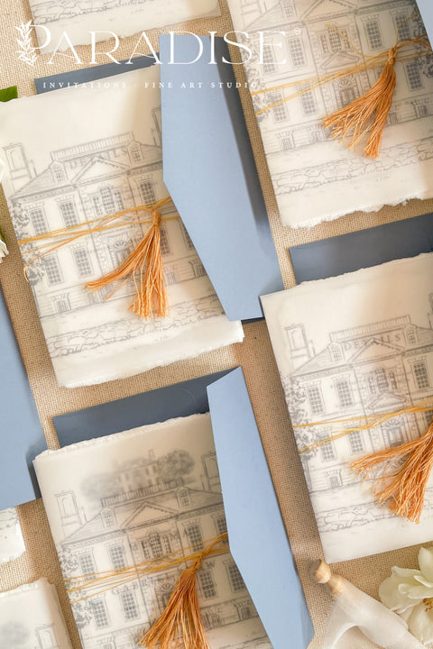 This exquisite wedding invitations suite offers a blend of rustic charm and personal romance. Each invitation features a bespoke custom venue illustration, hand-drawn by us to capture the unique charm of your location. The luxurious suite is finished with beautiful tassels, adding a touch of elegant texture and color. This rustic wedding stationery is perfect for a relaxed yet timeless celebration, and it sets a heartfelt and personal tone for your special day.