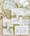 This exquisite wedding invitations suite offers a blend of natural elegance and modern sophistication. Perfect for a garden green wedding, these beautiful invites feature a chic, contemporary design printed on luxurious handmade cotton paper. The suite includes a beautifully designed wedding timeline, guiding your guests through your special day with a personal and artistic touch, all wrapped in a fresh and modern aesthetic.