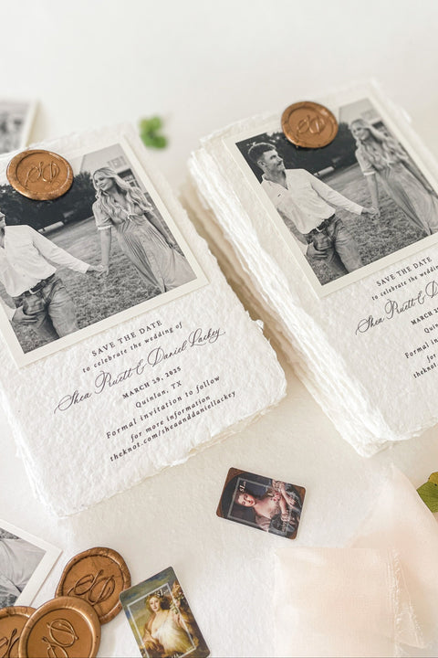 Announce your wedding with a personal touch through our handmade paper Save the Date cards, featuring your favorite engagement photo printed on luxury 100% cotton handmade paper with natural deckled edges. Finished with an elegant wax seal, this design blends modern intimacy with fine-art craftsmanship - a beautiful way to share your love story.