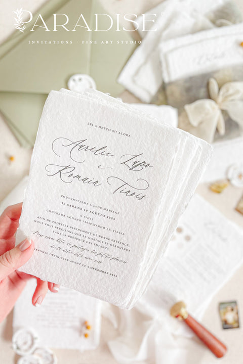 This exquisite wedding invitations suite offers a blend of timeless sophistication and modern elegance. The beautiful modern calligraphy invites are printed on luxurious handmade cotton paper, providing a rich, tactile feel and a fine art finish. This fine art stationery is the perfect choice for couples who appreciate bespoke, handcrafted details and a chic, contemporary aesthetic.
