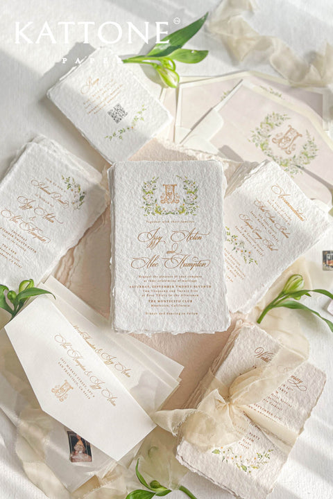 This exquisite deckle edge cotton rag suite offers a blend of natural elegance and personalized artistry. Perfect for a garden wedding, these beautiful invitations feature a bespoke watercolor design crest monogram created just for you. The luxurious, handmade paper adds a rich, organic texture, beautifully complementing the fine-art style of the crest and setting a romantic and sophisticated tone for your special day.