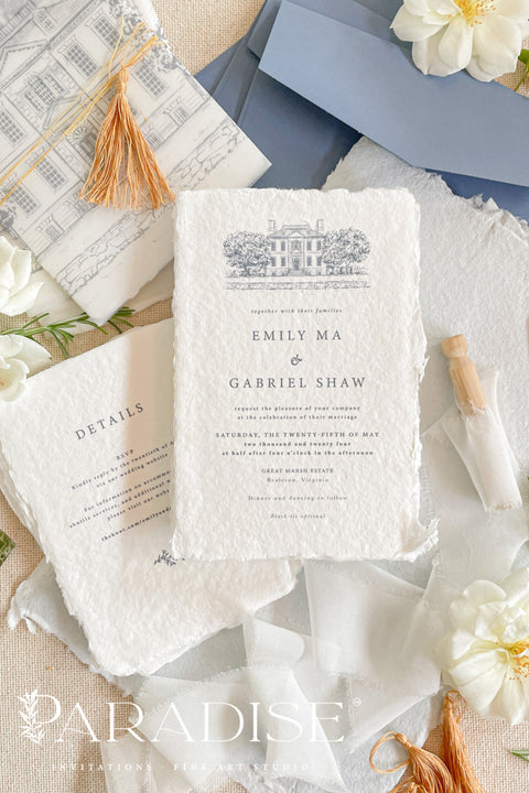 This exquisite wedding invitations suite offers a blend of rustic charm and personal romance. Each invitation features a bespoke custom venue illustration, hand-drawn by us to capture the unique charm of your location. The luxurious suite is finished with beautiful tassels, adding a touch of elegant texture and color. This rustic wedding stationery is perfect for a relaxed yet timeless celebration, and it sets a heartfelt and personal tone for your special day.