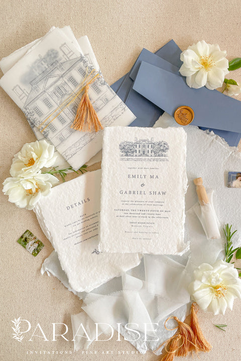 This exquisite wedding invitations suite offers a blend of rustic charm and personal romance. Each invitation features a bespoke custom venue illustration, hand-drawn by us to capture the unique charm of your location. The luxurious suite is finished with beautiful tassels, adding a touch of elegant texture and color. This rustic wedding stationery is perfect for a relaxed yet timeless celebration, and it sets a heartfelt and personal tone for your special day.