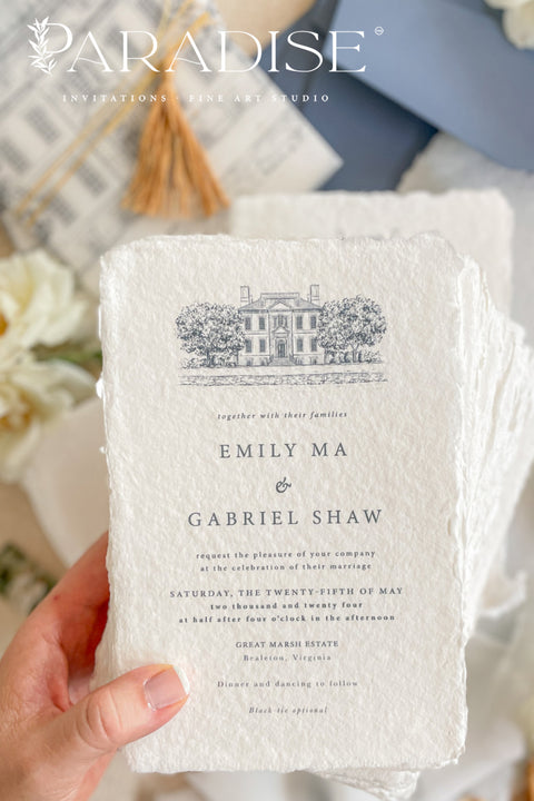 This exquisite wedding invitations suite offers a blend of rustic charm and personal romance. Each invitation features a bespoke custom venue illustration, hand-drawn by us to capture the unique charm of your location. The luxurious suite is finished with beautiful tassels, adding a touch of elegant texture and color. This rustic wedding stationery is perfect for a relaxed yet timeless celebration, and it sets a heartfelt and personal tone for your special day.