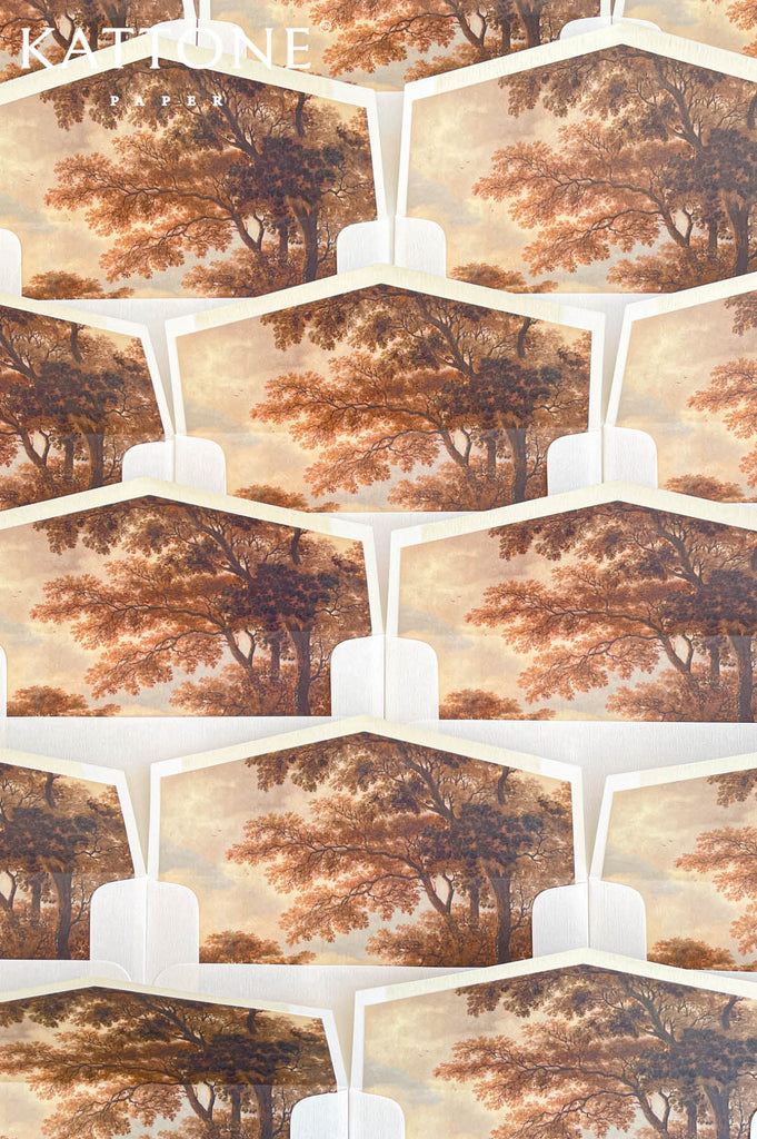 Fine art landscape illustration featuring detailed autumn trees, painterly textures, and soft warm skies printed for luxury wedding envelope liners.