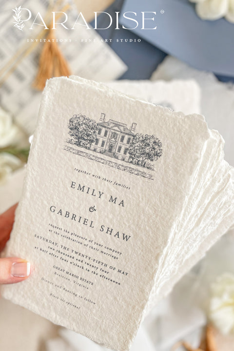 This exquisite wedding invitations suite offers a blend of rustic charm and personal romance. Each invitation features a bespoke custom venue illustration, hand-drawn by us to capture the unique charm of your location. The luxurious suite is finished with beautiful tassels, adding a touch of elegant texture and color. This rustic wedding stationery is perfect for a relaxed yet timeless celebration, and it sets a heartfelt and personal tone for your special day.