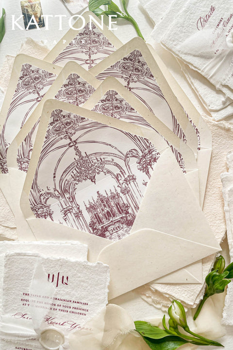 Close-up of hand-drawn venue illustration printed on envelope liner showing detailed line work and refined paper texture.
