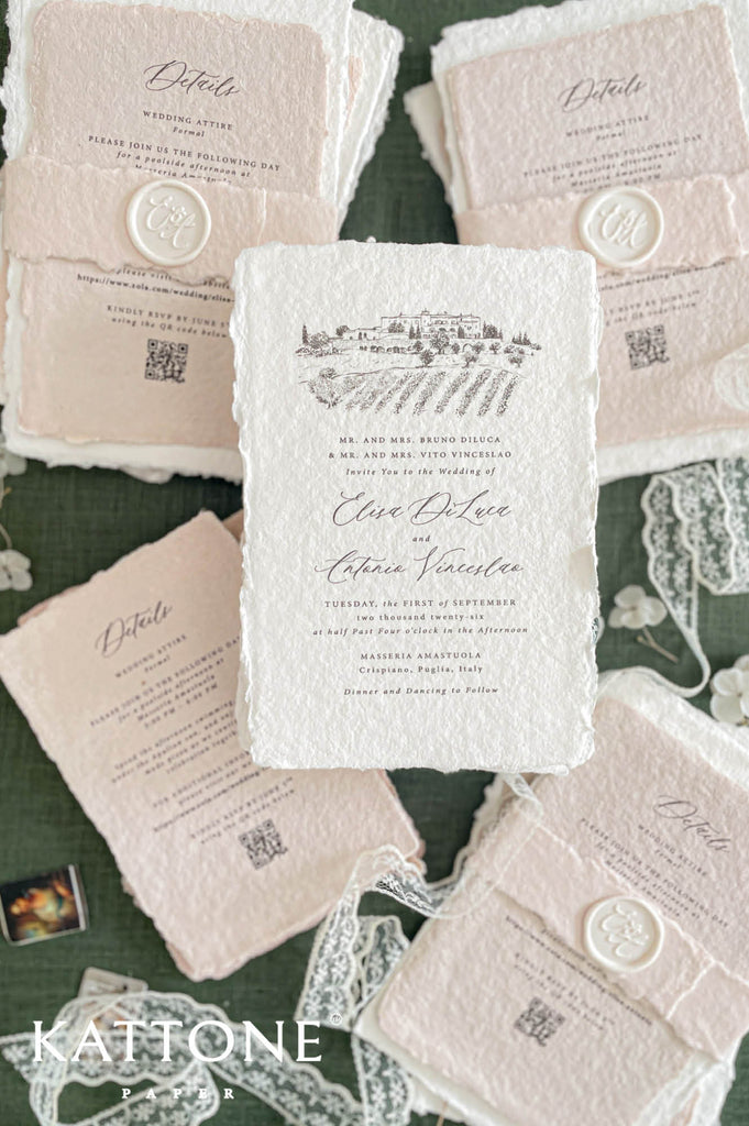 Complete luxury wedding invitation suite including invitation, RSVP and details cards, lace ribbon, wax seals and neutral envelopes.