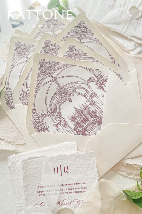 Close-up of hand-drawn venue illustration printed on envelope liner showing detailed line work and refined paper texture.