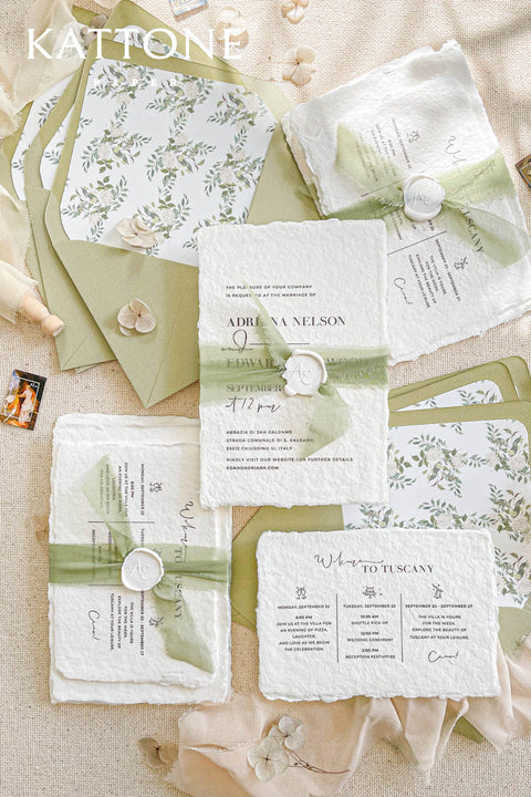 This exquisite wedding invitations suite offers a blend of natural elegance and modern sophistication. Perfect for a garden green wedding, these beautiful invites feature a chic, contemporary design printed on luxurious handmade cotton paper. The suite includes a beautifully designed wedding timeline, guiding your guests through your special day with a personal and artistic touch, all wrapped in a fresh and modern aesthetic.