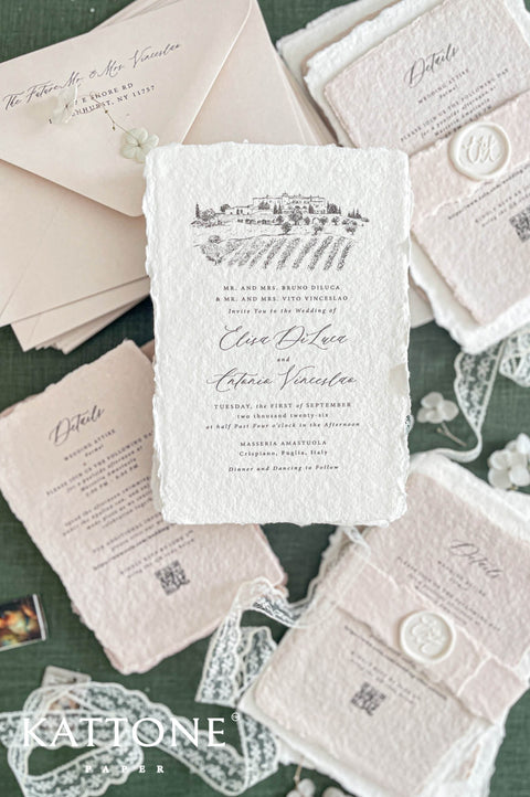 Complete luxury wedding invitation suite including invitation, RSVP and details cards, lace ribbon, wax seals and neutral envelopes.