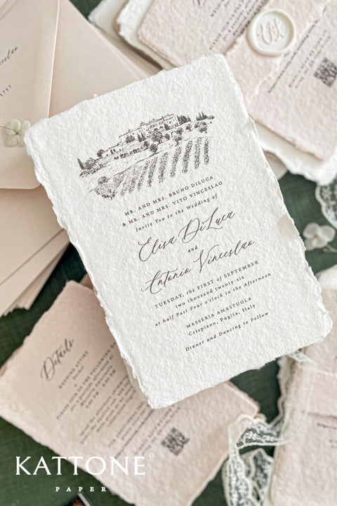 Detailed line drawing of countryside estate printed on handmade wedding invitation, inspired by Italian villa architecture.