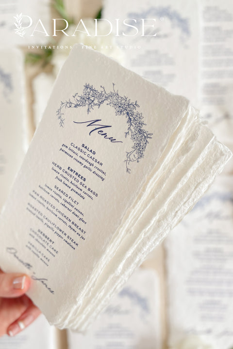 Add timeless artistry to your reception tables with our handmade paper wedding menus, elegantly designed with blue botanical illustrations and deckled edges for a refined fine-art aesthetic. Crafted from 100% cotton rag paper, each piece celebrates artisanal craftsmanship with a naturally soft texture that complements romantic, classic, and garden-inspired weddings alike.
