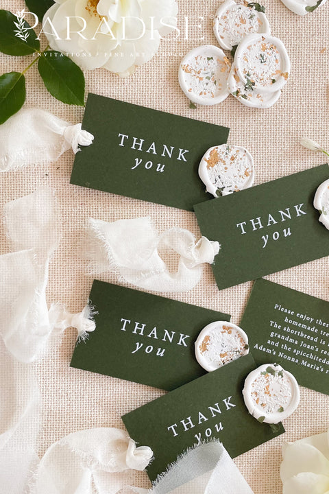 Add a refined finishing touch to your celebration with these elegant thank you tags. Printed on premium cardstock in a deep, timeless tone, each tag is designed to elevate wedding favors, gift boxes, and welcome bags. Finished with delicate wax seal accents and soft ribbon ties, these thank you tags offer a thoughtful way to express gratitude while seamlessly complementing fine-art and modern wedding aesthetics.