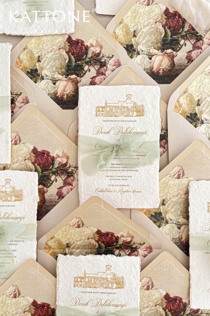 Wedding envelope with fine art floral liner featuring painterly roses and rich botanical details in warm tones.