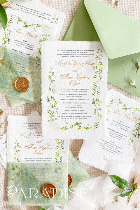 This exquisite wedding invitation set offers a blend of natural elegance and personalized artistry. Perfect for a garden green wedding, these beautiful custom elegant invites are printed on luxurious handmade deckled edge paper, which provides a rich, tactile feel and a truly unique finish. The result is a stationery suite that is both sophisticated and harmonious, beautifully capturing the essence of your special day.