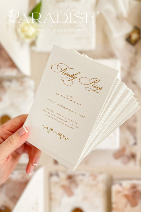 This exquisite wedding invites suite offers a blend of natural texture and romantic charm, perfect for an autumn wedding. Each piece is beautifully embossed with a delicate botanical design onto luxurious deckle edge cotton rag paper, providing a rich, tactile feel. The result is a truly romantic botanical wedding stationery set that captures the warm, earthy tones and intimate feel of the season.