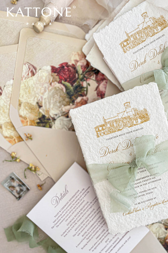 Wedding envelope with fine art floral liner featuring painterly roses and rich botanical details in warm tones.