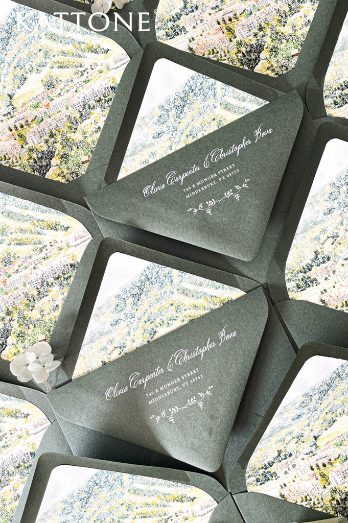 Premium wedding envelopes with custom watercolor liners designed for vineyard weddings, countryside celebrations, and luxury stationery suites.