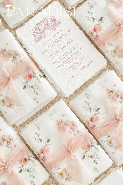 This exquisite wedding invitations suite offers a personal and artistic touch, perfect for a summer wedding. Each invitation features a custom, hand drawn venue illustration that beautifully captures the unique charm of your location. The illustration is printed on luxurious handmade cotton paper, which provides a rich, tactile feel and a timeless finish, creating a truly memorable keepsake for your guests.