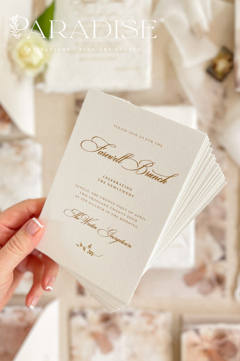 This exquisite wedding invites suite offers a blend of natural texture and romantic charm, perfect for an autumn wedding. Each piece is beautifully embossed with a delicate botanical design onto luxurious deckle edge cotton rag paper, providing a rich, tactile feel. The result is a truly romantic botanical wedding stationery set that captures the warm, earthy tones and intimate feel of the season.
