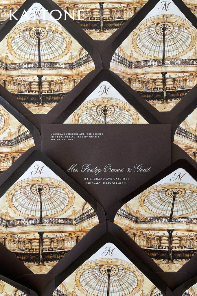 Custom wedding envelope liners with detailed architectural illustration featuring a grand glass dome ceiling, ornate railings, and luxury interior details.