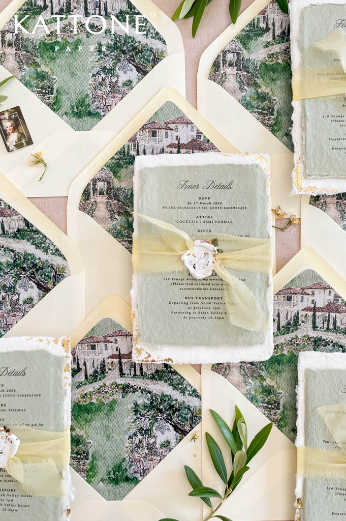 Complete luxury wedding invitation suite including handmade invitation, gold edging, ribbon wrap and illustrated envelope liners.