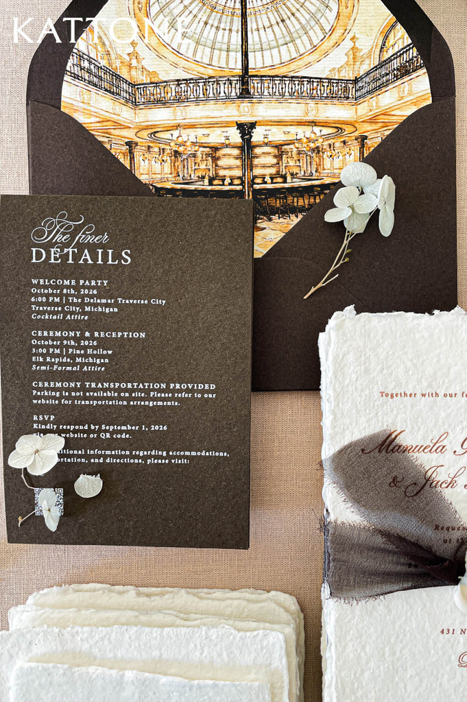 Premium handmade wedding invitation suite with custom venue artwork, deckled edge cotton paper, rich brown envelopes, black ribbon accents, and elegant monochromatic styling for formal weddings.