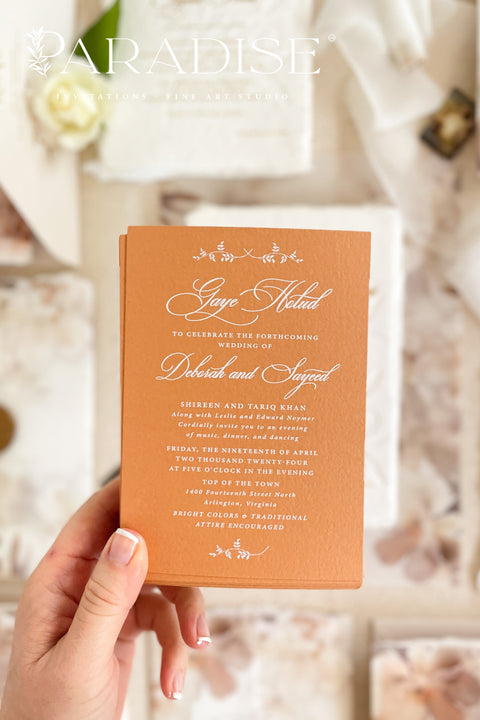 This exquisite wedding invites suite offers a blend of natural texture and romantic charm, perfect for an autumn wedding. Each piece is beautifully embossed with a delicate botanical design onto luxurious deckle edge cotton rag paper, providing a rich, tactile feel. The result is a truly romantic botanical wedding stationery set that captures the warm, earthy tones and intimate feel of the season.