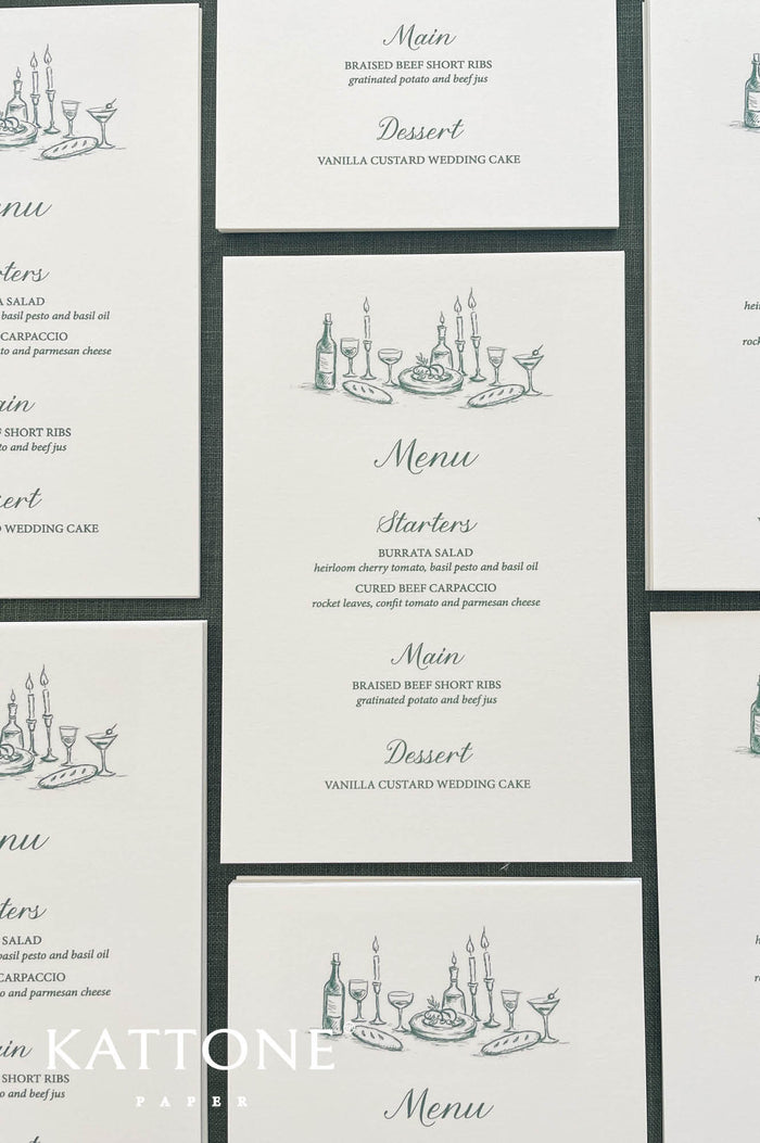 Elegant wedding menus printed on smooth cardstock with minimalist line art illustration and classic typography in neutral tones.