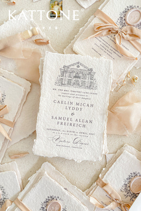 Invite your guests to your special day with the artful and personal charm of these custom wedding invitations. The unique suite features a beautiful, custom venue illustration sketch, hand-drawn by us to capture the essence of your wedding location. Designed with a light summer breeze theme and a boho chic aesthetic, this wedding stationery sets a warm, relaxed, and intimate tone for your upcoming celebration.