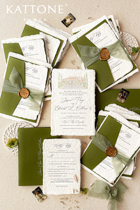 Announce your special day with the serene beauty of this wedding invitation set. Perfect for a garden wedding, each suite features a custom, hand-painted watercolor wedding venue illustration that beautifully captures the charm of your location. Printed on luxurious handmade paper, the invitations are finished with a personalized wax seal, adding a tactile and opulent detail that your guests will adore.