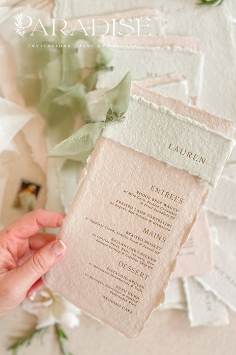 Elevate your wedding tablescape with our colored handmade paper wedding menus, designed to add an elegant pop of romance and texture. Crafted from 100% cotton rag paper, these menus feature a soft blush tone paired with an ivory header, hand-torn deckled edges, and subtle gold printing for a refined fine-art aesthetic. The delicate contrast between pastel hues and natural textures makes these menus ideal for garden weddings, destination celebrations, and fine-art receptions.