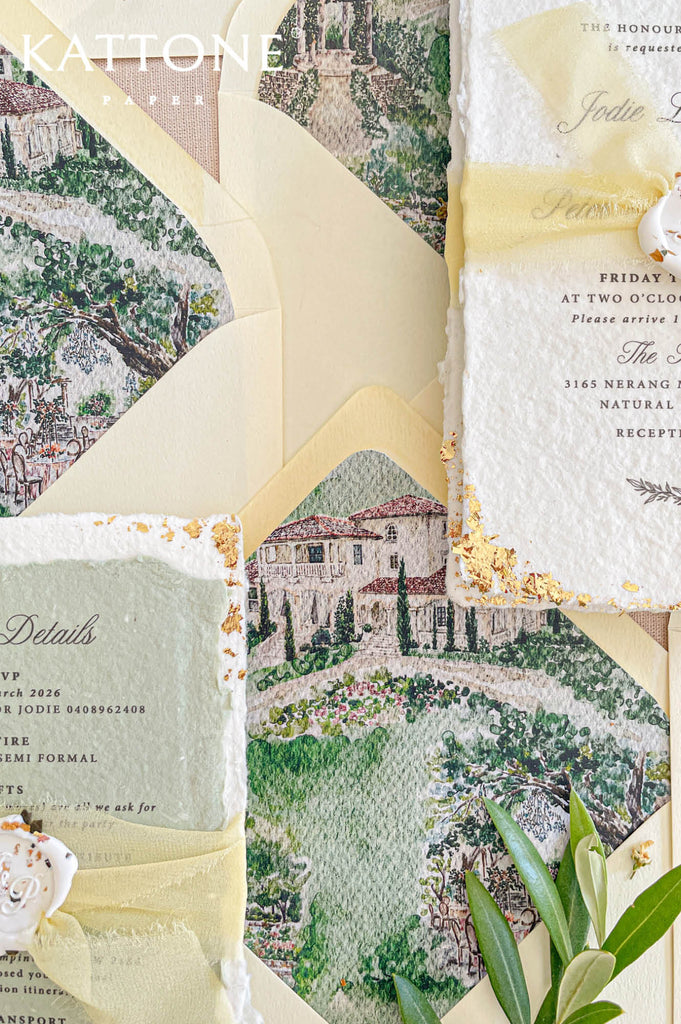 Wedding envelopes with detailed illustrated liners featuring a garden estate and greenery landscape.
