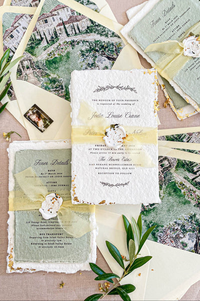 Gold Leaf Handmade Paper Wedding Invitations with Chiffon Ribbon ...