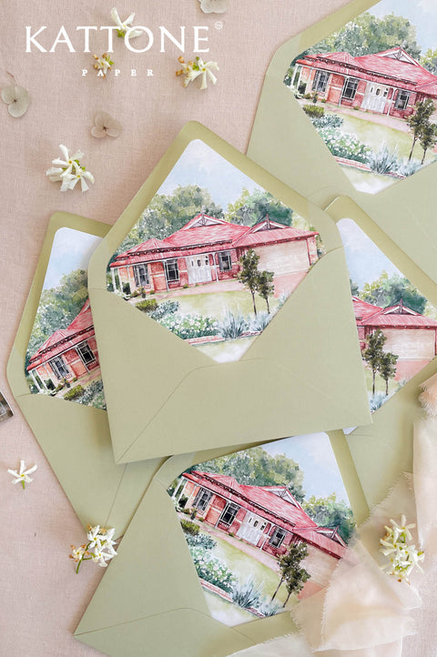 Sage green wedding envelopes with custom watercolor venue liner and fine art illustration