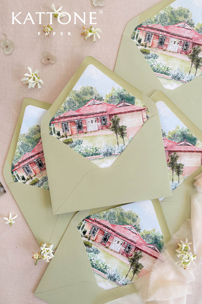 Sage green wedding envelopes with custom watercolor venue liner and fine art illustration