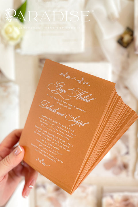 This exquisite wedding invites suite offers a blend of natural texture and romantic charm, perfect for an autumn wedding. Each piece is beautifully embossed with a delicate botanical design onto luxurious deckle edge cotton rag paper, providing a rich, tactile feel. The result is a truly romantic botanical wedding stationery set that captures the warm, earthy tones and intimate feel of the season.