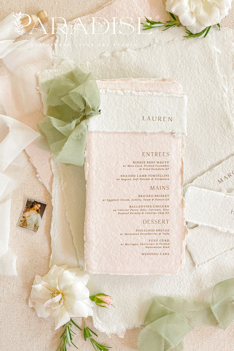Elevate your wedding tablescape with our colored handmade paper wedding menus, designed to add an elegant pop of romance and texture. Crafted from 100% cotton rag paper, these menus feature a soft blush tone paired with an ivory header, hand-torn deckled edges, and subtle gold printing for a refined fine-art aesthetic. The delicate contrast between pastel hues and natural textures makes these menus ideal for garden weddings, destination celebrations, and fine-art receptions.