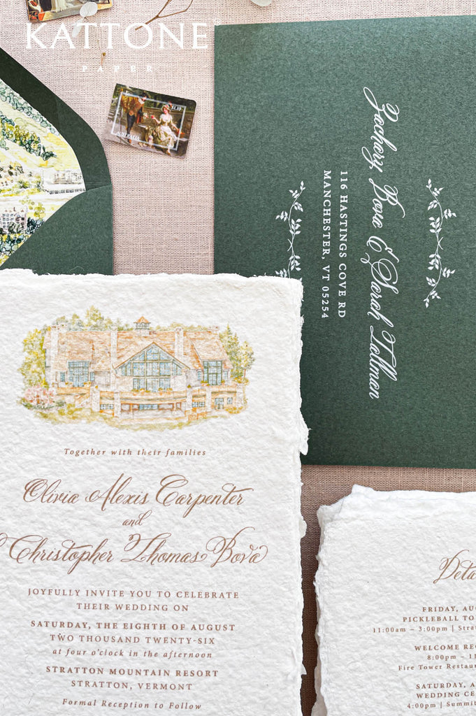 Luxury wedding stationery featuring a personalized watercolor venue illustration printed on handmade cotton paper, showcasing architectural details in warm earthy tones with soft green landscape accents.
