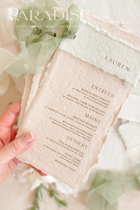 Elevate your wedding tablescape with our colored handmade paper wedding menus, designed to add an elegant pop of romance and texture. Crafted from 100% cotton rag paper, these menus feature a soft blush tone paired with an ivory header, hand-torn deckled edges, and subtle gold printing for a refined fine-art aesthetic. The delicate contrast between pastel hues and natural textures makes these menus ideal for garden weddings, destination celebrations, and fine-art receptions.