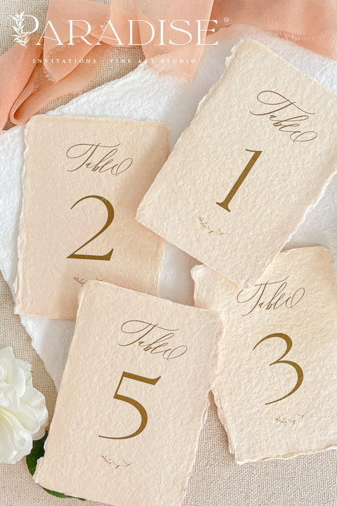 These colored handmade paper table numbers bring a warm, romantic tone to your reception décor. Premium cotton paper, naturally deckled edges, and elegant calligraphy create a soft fine-art look that elevates each table setting. The tinted paper adds depth and charm, pairing beautifully with garden, coastal, or European-inspired wedding styles. Perfect for couples seeking artisanal, heirloom-quality details.