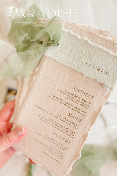 Elevate your wedding tablescape with our colored handmade paper wedding menus, designed to add an elegant pop of romance and texture. Crafted from 100% cotton rag paper, these menus feature a soft blush tone paired with an ivory header, hand-torn deckled edges, and subtle gold printing for a refined fine-art aesthetic. The delicate contrast between pastel hues and natural textures makes these menus ideal for garden weddings, destination celebrations, and fine-art receptions.