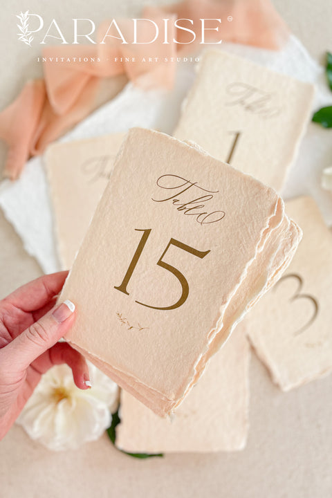 These colored handmade paper table numbers bring a warm, romantic tone to your reception décor. Premium cotton paper, naturally deckled edges, and elegant calligraphy create a soft fine-art look that elevates each table setting. The tinted paper adds depth and charm, pairing beautifully with garden, coastal, or European-inspired wedding styles. Perfect for couples seeking artisanal, heirloom-quality details.