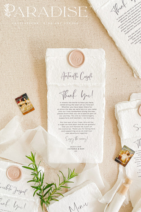 A refined handmade paper thank you card designed to express gratitude with sincerity and understated elegance. Crafted from luxurious cotton rag paper with natural deckled edges, this design pairs modern calligraphy with a clean, timeless layout. Perfect for weddings, celebrations, and meaningful events, it offers a heartfelt way to share appreciation while becoming a keepsake your guests will treasure.