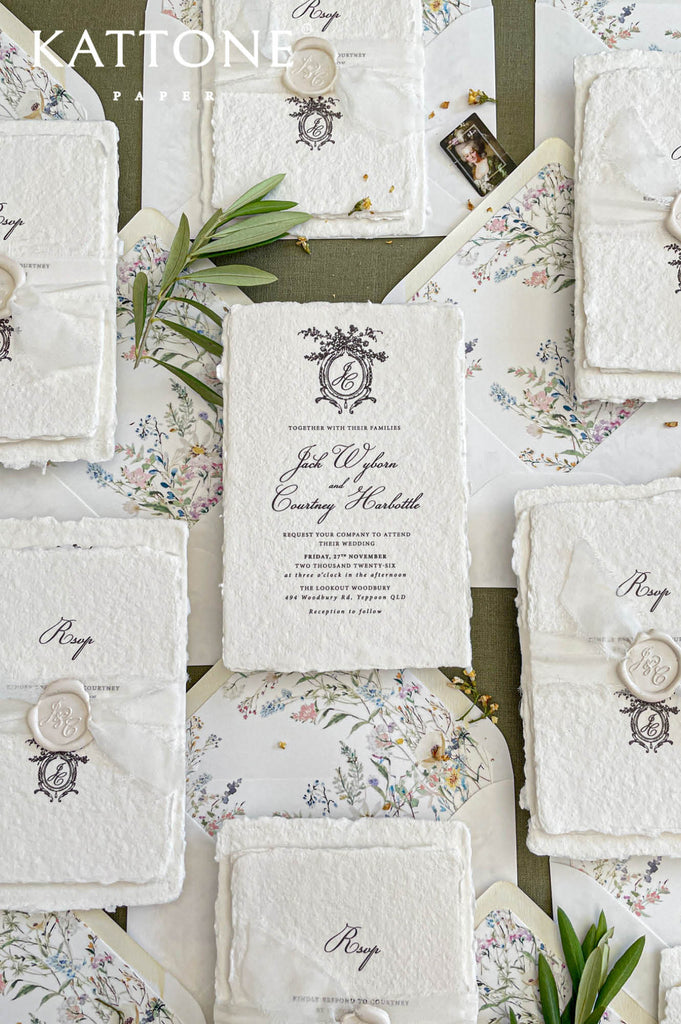Fine art wedding invitation suite styled with handmade paper invitations, RSVP and details cards, botanical liners and neutral styling.