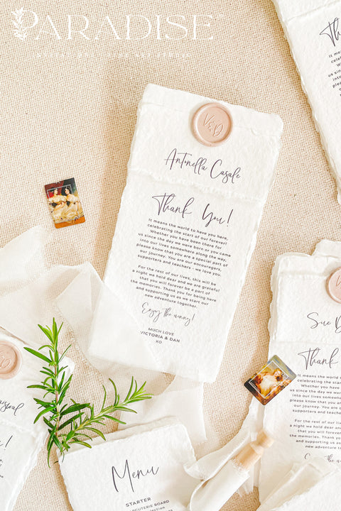 A refined handmade paper thank you card designed to express gratitude with sincerity and understated elegance. Crafted from luxurious cotton rag paper with natural deckled edges, this design pairs modern calligraphy with a clean, timeless layout. Perfect for weddings, celebrations, and meaningful events, it offers a heartfelt way to share appreciation while becoming a keepsake your guests will treasure.
