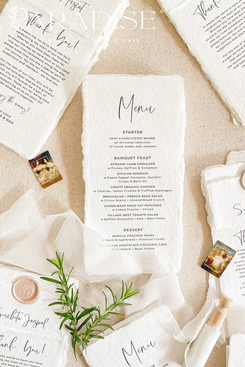 Elevate your table styling with our luxury handmade paper wedding menus, designed for couples who value timeless artistry and understated sophistication. Crafted from 100% cotton rag paper with deckled edges, these menus combine the charm of organic texture with minimalist modern typography. Each piece is individually torn, pressed, and printed by hand - ensuring every menu feels as unique as your celebration.