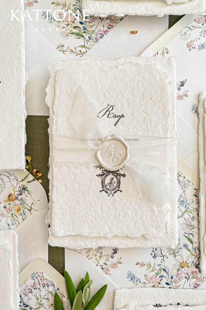 Complete luxury wedding invitation suite including handmade invitation, RSVP card, details card and botanical envelope liners.